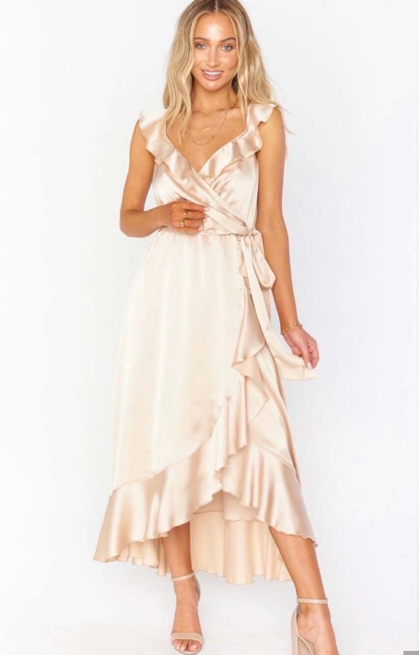 Show Me Your Mumu Champagne Satin Ruffle Wrap Midi Dress Size M